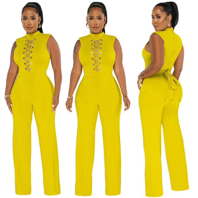 Women Solid Color High Waist Casual Wide Leg Jumpsuit