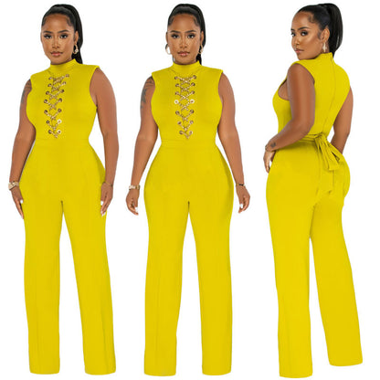 Women Solid Color High Waist Casual Wide Leg Jumpsuit