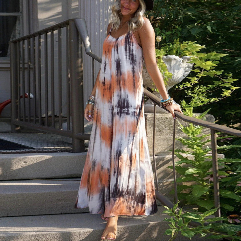 Summer Vacation Women Casual Tie Dye Print Spaghetti Strap Loose Maxi Dress
