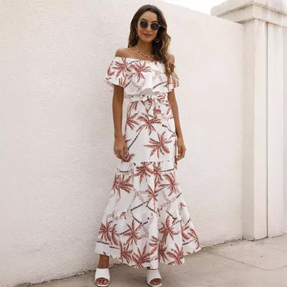Bohemian Summer Women Casual Flower Print Off-Shoulder Ruffled Maxi Dress