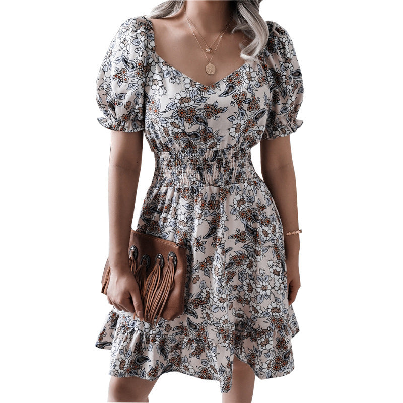 Women Casual Chiffon V-Neck Floarl Printing Ruffled Defined Waist Dress