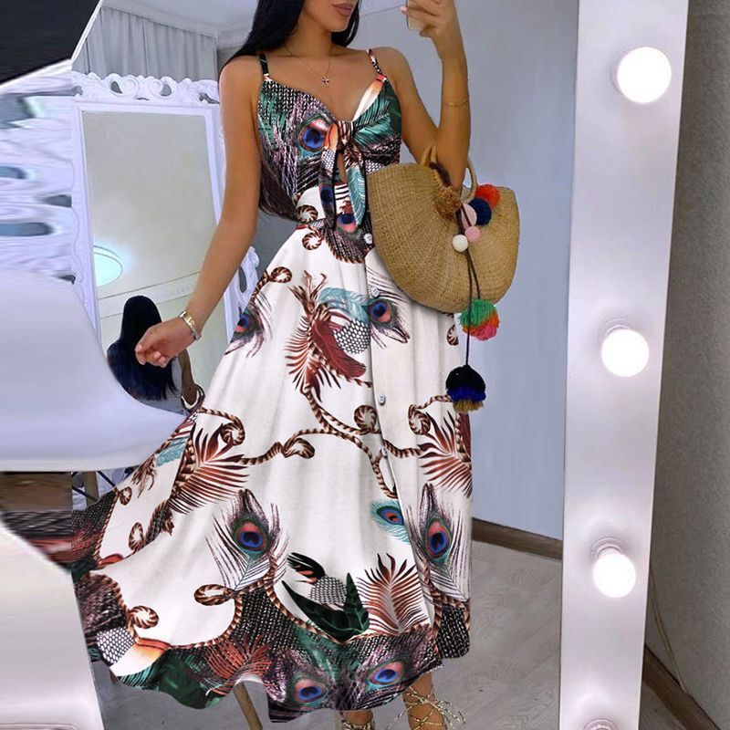 Women Casual Sexy Vacation Floral Print Knit Strap Swing Maxi Dress