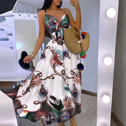 Women Casual Sexy Vacation Floral Print Knit Strap Swing Maxi Dress