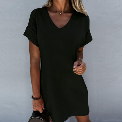 Casual Office Chic Women Solid Color V Neck Short Sleeve Loose Dress
