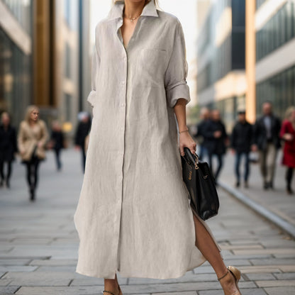 Women Casual Loose Irregular Split Cotton Linen Long Sleeve Dress