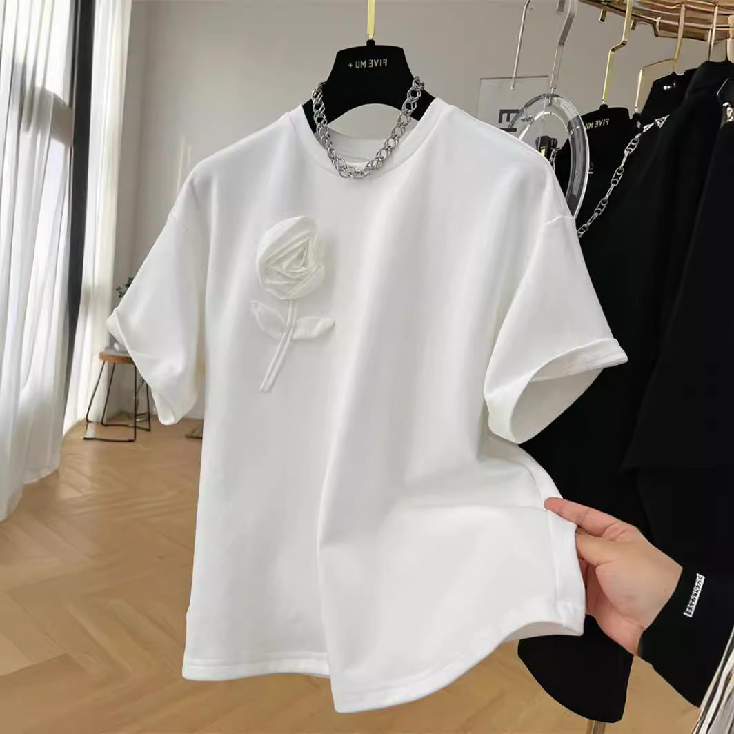 Camisetas casuales de algodón con cuello redondo y flores para mujer