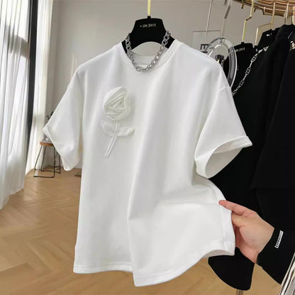Camisetas casuales de algodón con cuello redondo y flores para mujer