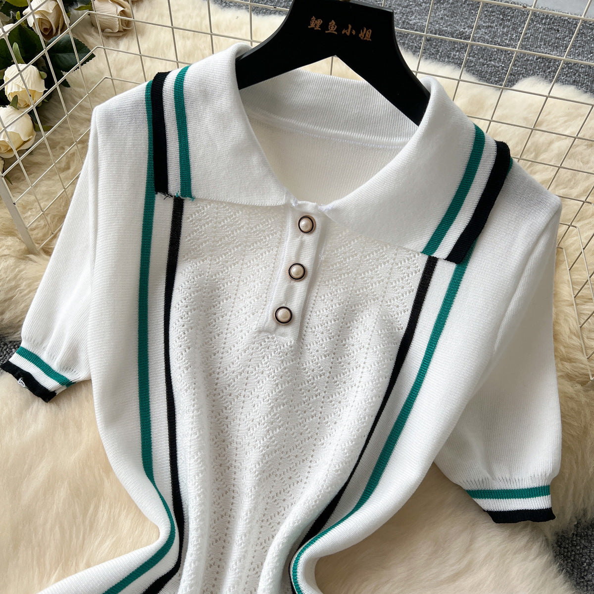 Women Fashion Casual Contrast Color Lapel Short-Sleeve Ruffled Knitted Dress