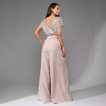 Women Fashion Casual Sequins Short Sleeve Lace-Up Jumpsuit