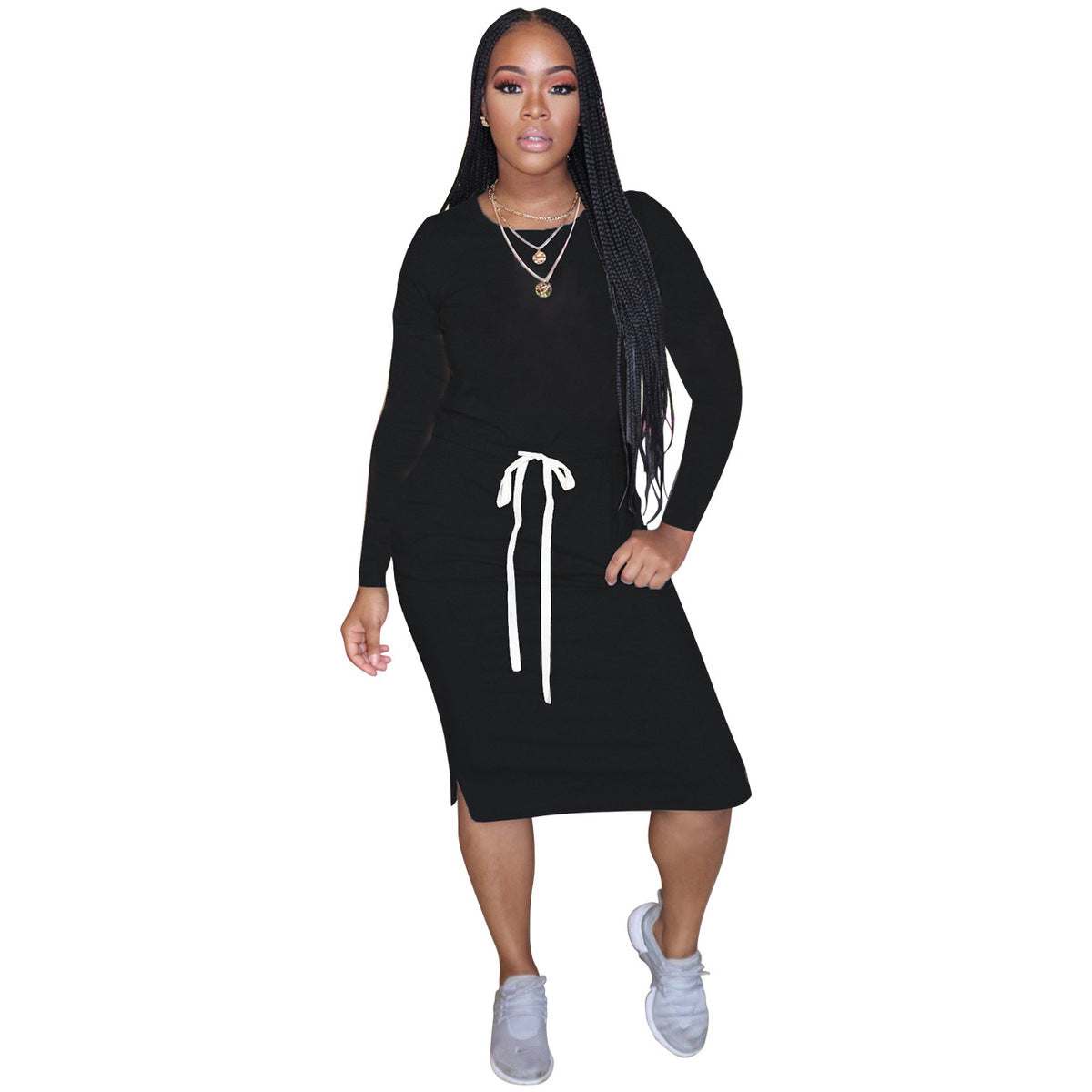 Classic Simple Casual Solid Color Long Sleeve Women Drawstring Dress