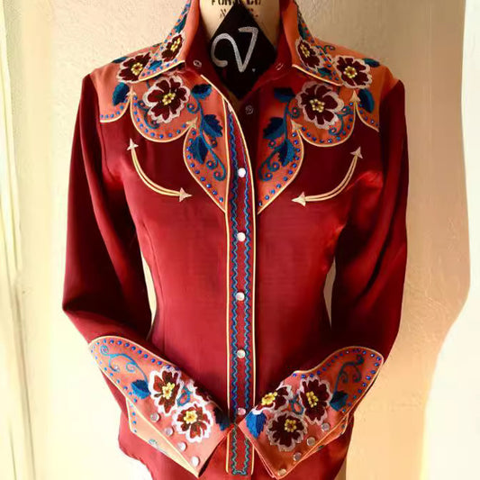 Women Casual Western Geometric Pattern Printed Lapel Long-Sleeve Single Breasted Blouse