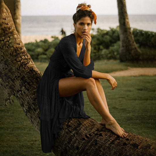 Women Fashion Casual Vacation Cotton Lace Button Sunscreen Cover-Ups