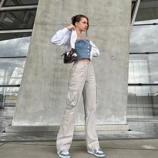Women Fashion Casual Solid Color High Waist Pockets Cargo Pants