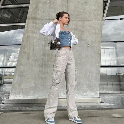 Women Fashion Casual Solid Color High Waist Pockets Cargo Pants