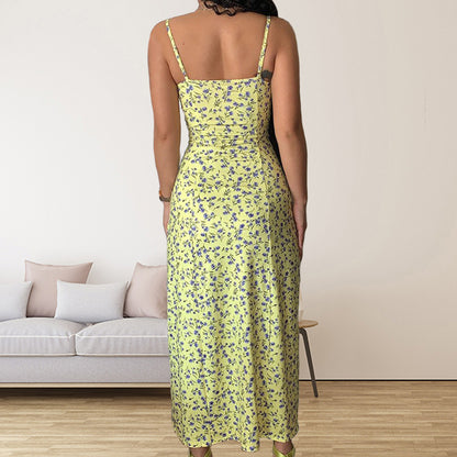 Women Fashion Casual Floral Printed Front Split Camisole Dress
