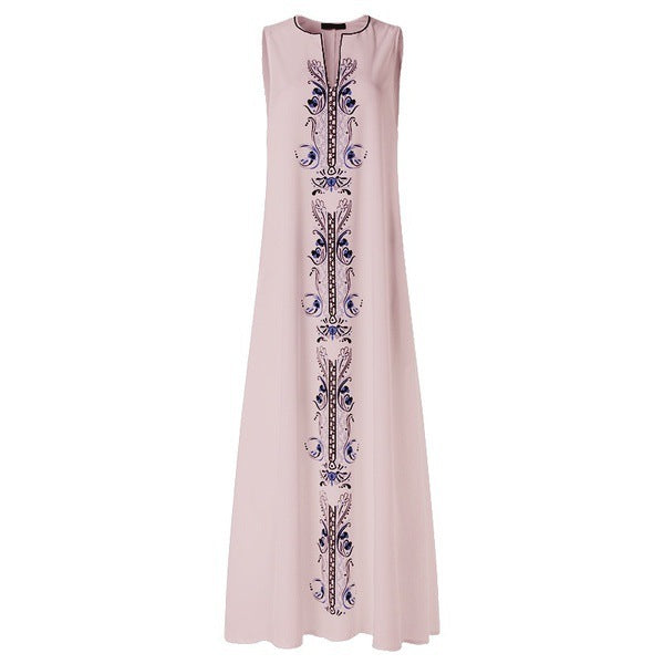 Women Boho Vintage Print Sleeveless V-Neck Loose Casual Maxi Dress