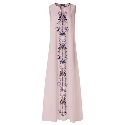 Women Boho Vintage Print Sleeveless V-Neck Loose Casual Maxi Dress