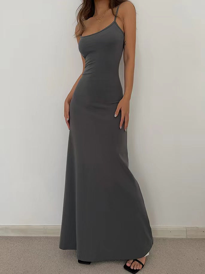 Vestido maxi informal de verano con tirantes finos, básico y sexy para mujer, de color liso