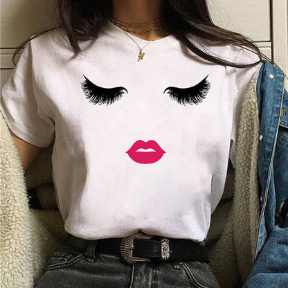 Camiseta informal de manga corta con estampado de ojos para mujer