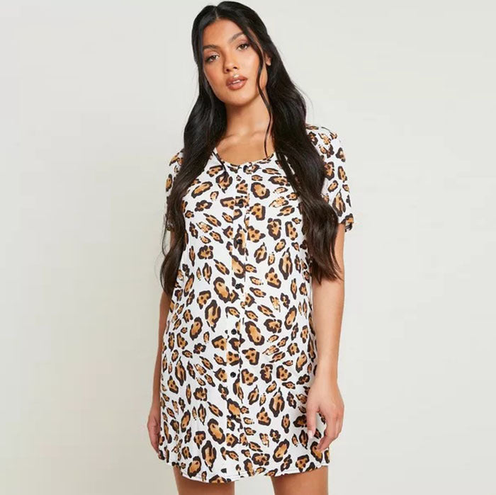 Vestido de dormir premamá informal de manga corta con estampado de leopardo para mujeres embarazadas