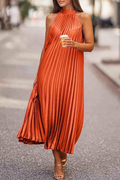 Vestido plisado sin mangas con cuello redondo informal a la moda para mujer