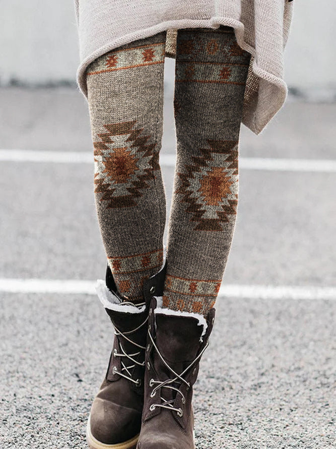 Women Printed Knit Slim High Waist Casual Leggings Pants