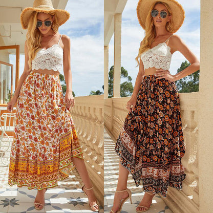 Spring And Summer Women'S Casual Bohemian Pattern Single-Breasted Drawstring Waist Side Slit Pastoral Retro Holiday Big Swing Skirt