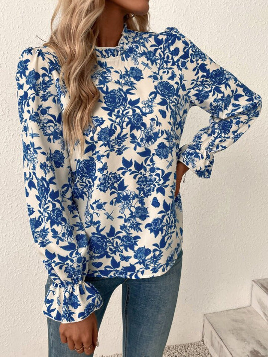 Camisa informal de manga larga con estampado floral para mujer