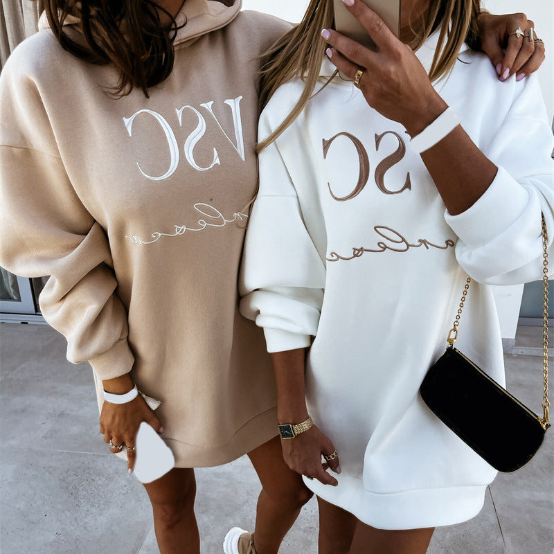 Women Autumn Winter Hooded Urban Casual Fashion Letter Printed Long Sleeves Dress