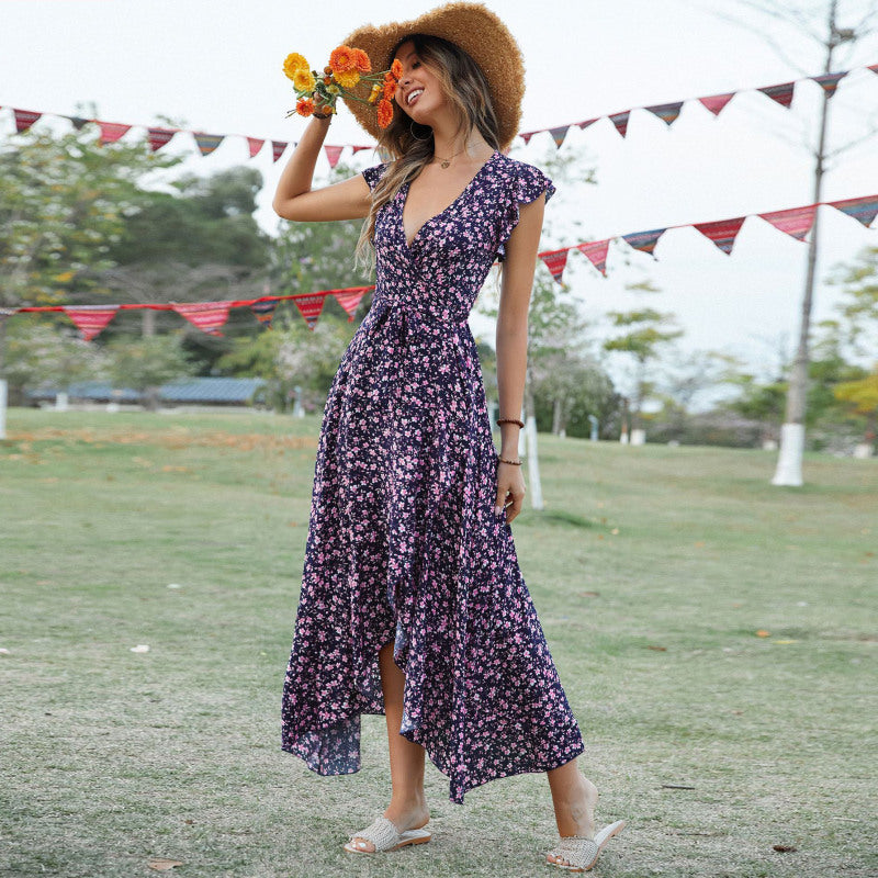 Spring And Summer Women'S Casual Middle Waist Short Sleeve V-Neck Drawstring Waist Tiny Flower Printing Bohemian Vacation Irregular Ruffled Dress