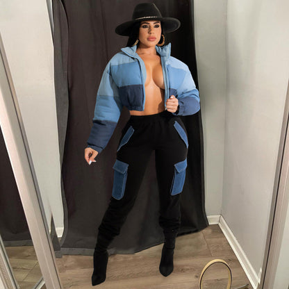 Autumn Winter Women Loose Casual Color-Matching Long-Sleeve Short Cotton-Padded Coat