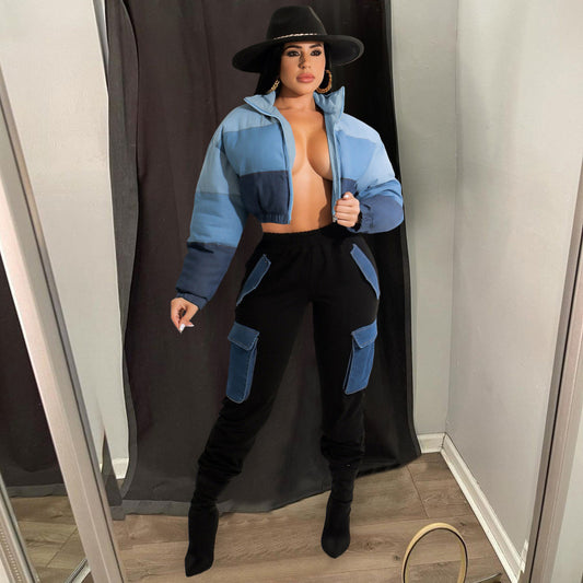 Abrigo corto acolchado de algodón de manga larga, holgado, informal, de otoño e invierno para mujer