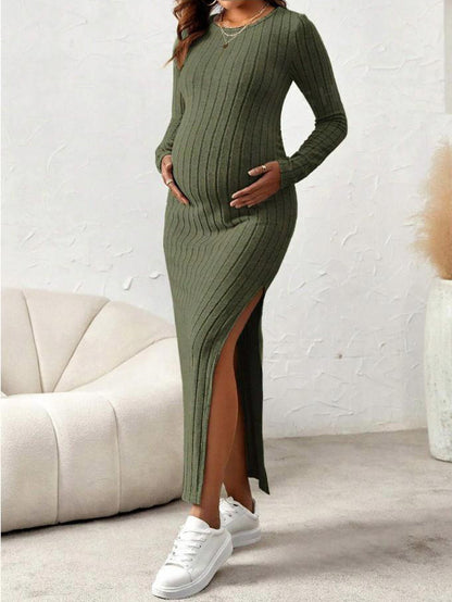 Pregnant Women Fashion Casual Rib Knitted Crewneck Long Sleeve Split Dress
