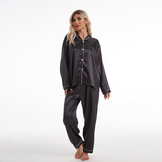 Conjunto de pijama de manga larga de seda helada con solapa informal y sencillo para mujer