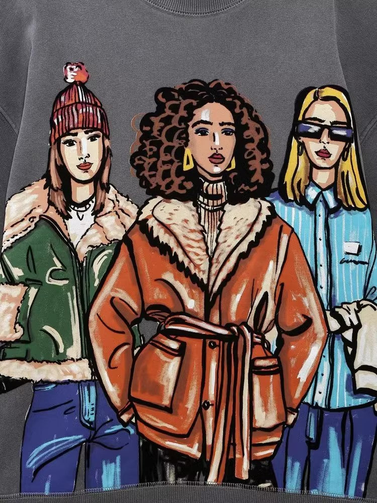 Women Casual Loose Cartoon Girl'S Printed Round Neck Long Sleeve Sweatshirt