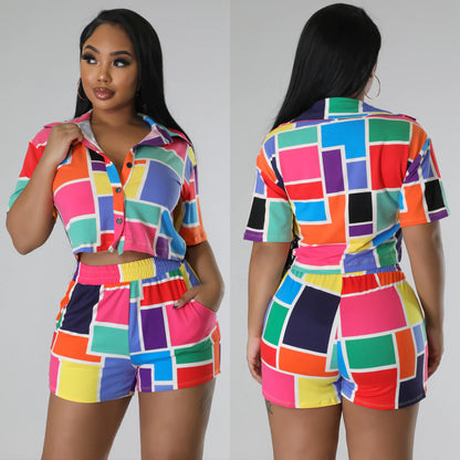 Conjunto de dos piezas de manga corta con solapa y estampado informal de verano para mujer