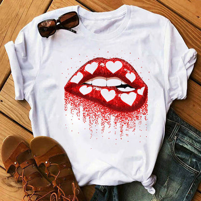Camiseta informal de manga corta con cuello redondo y estampado de labios para mujer