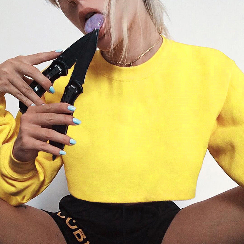 Sudadera corta informal de manga larga con estampado de color liso y atrevida para mujer