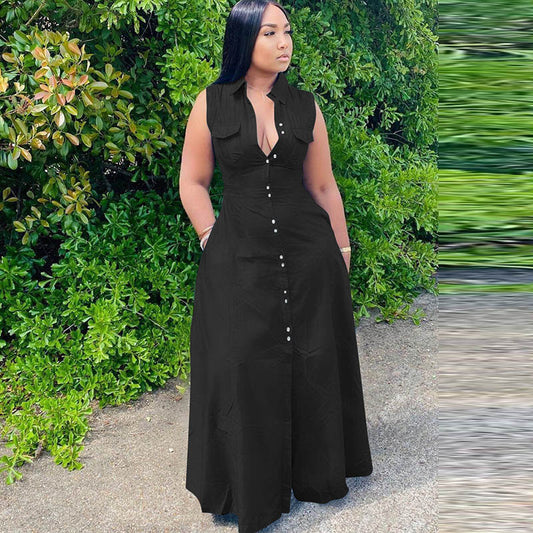 Women Fashion Casual Plus Size Solid Color Lapel Sleeveless Maxi Dress