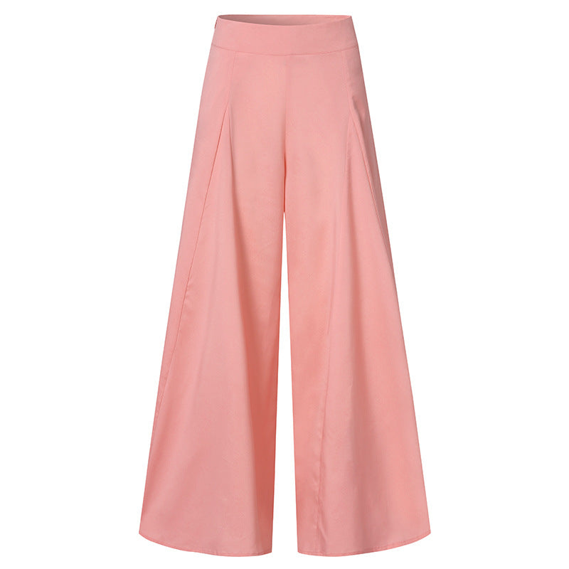 Women Fashion Casual Solid Color High Waist Wide Leg Thin Pants