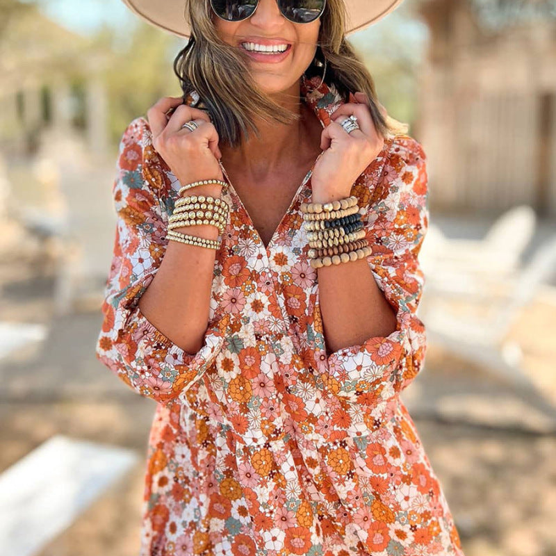 Vacation Women Boho Floral Print Casual Midi Long Sleeve Dress