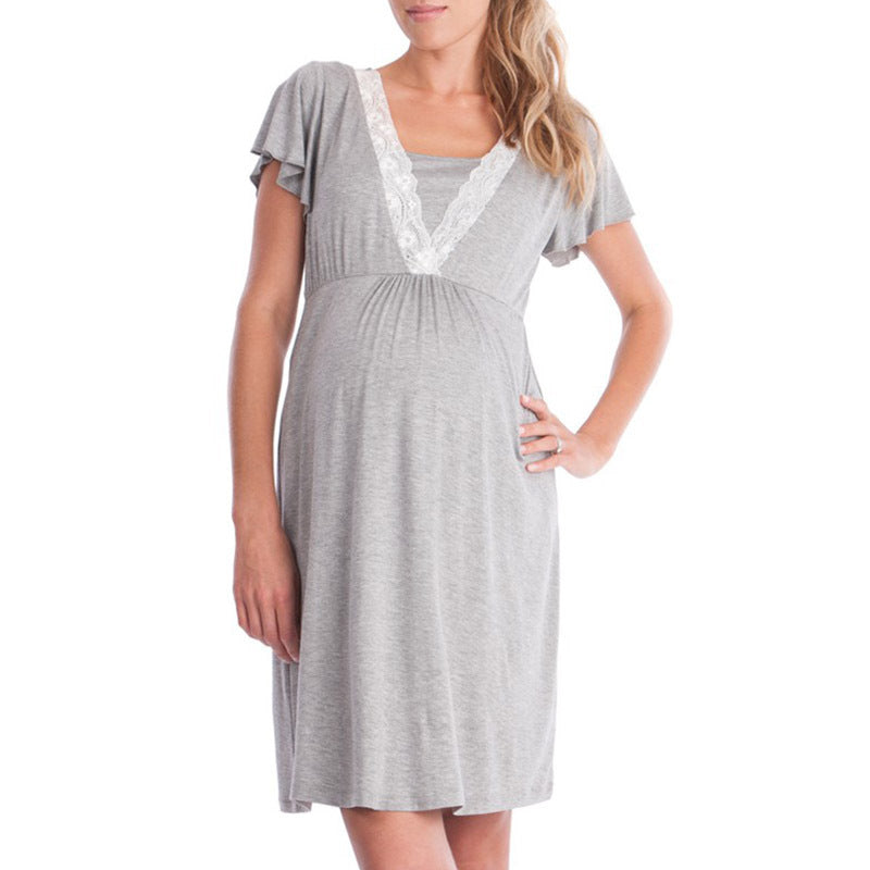 Vestido de lactancia de manga corta con encaje y escote en V profundo informal para embarazadas