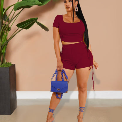 Women Solid Color Drawstring Casual Top And Shorts Two Pieces Set