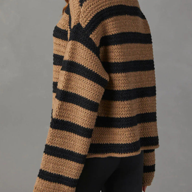 Suéter de punto de manga larga a rayas con cuello barco informal suelto para mujer de otoño e invierno