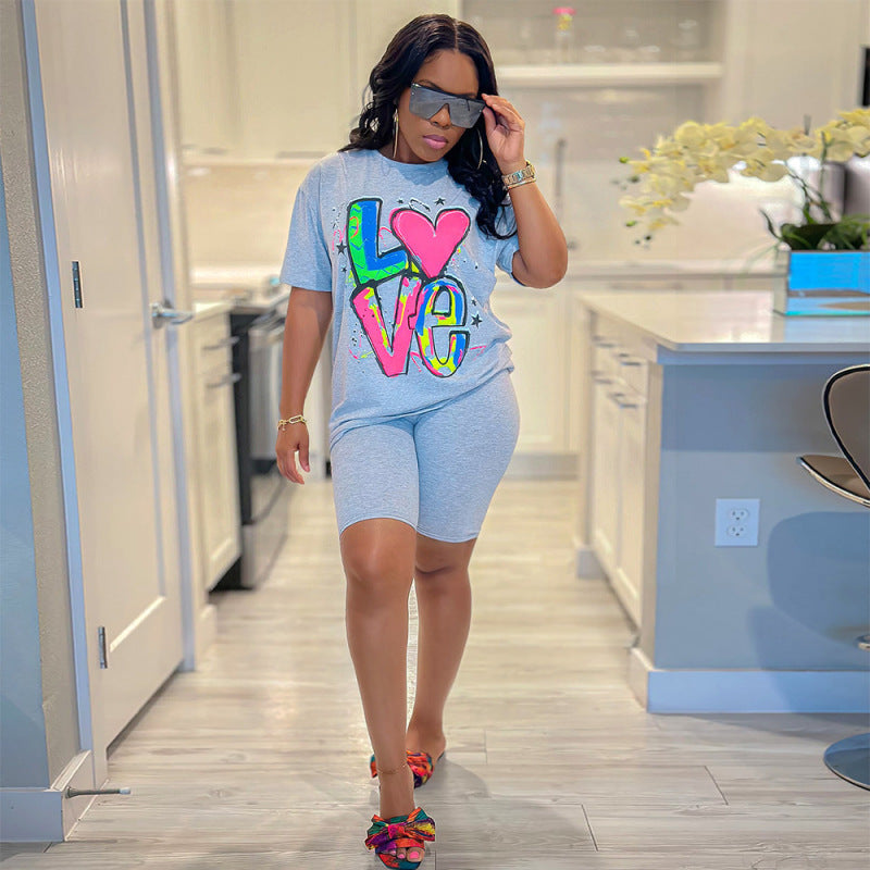 Casual Women Love Letter Print Short Sleeve T-Shirt And Shorts Set