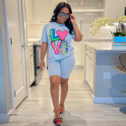 Casual Women Love Letter Print Short Sleeve T-Shirt And Shorts Set