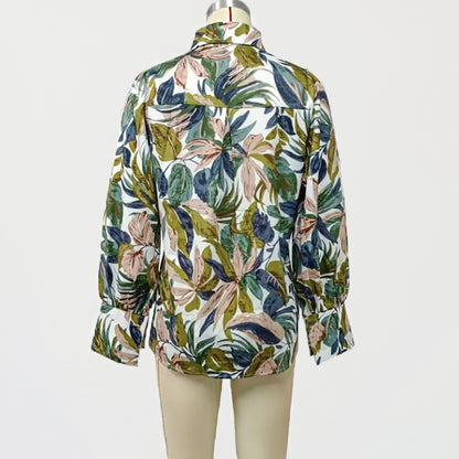 Blusa informal con estampado de plantas y mangas farol para mujer