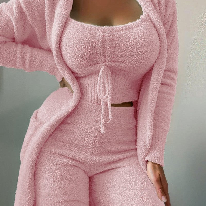 Conjunto de tres piezas de punto informal para mujer, camiseta sin mangas de felpa de color liso de invierno, pantalones y abrigo con cintura elástica