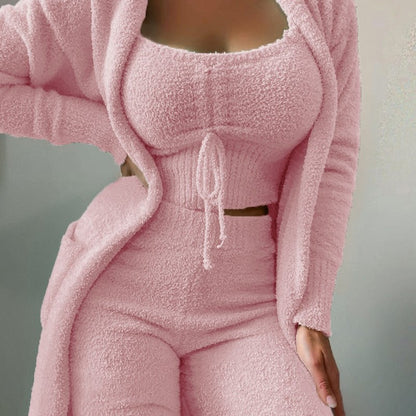Conjunto de tres piezas de punto informal para mujer, camiseta sin mangas de felpa de color liso de invierno, pantalones y abrigo con cintura elástica