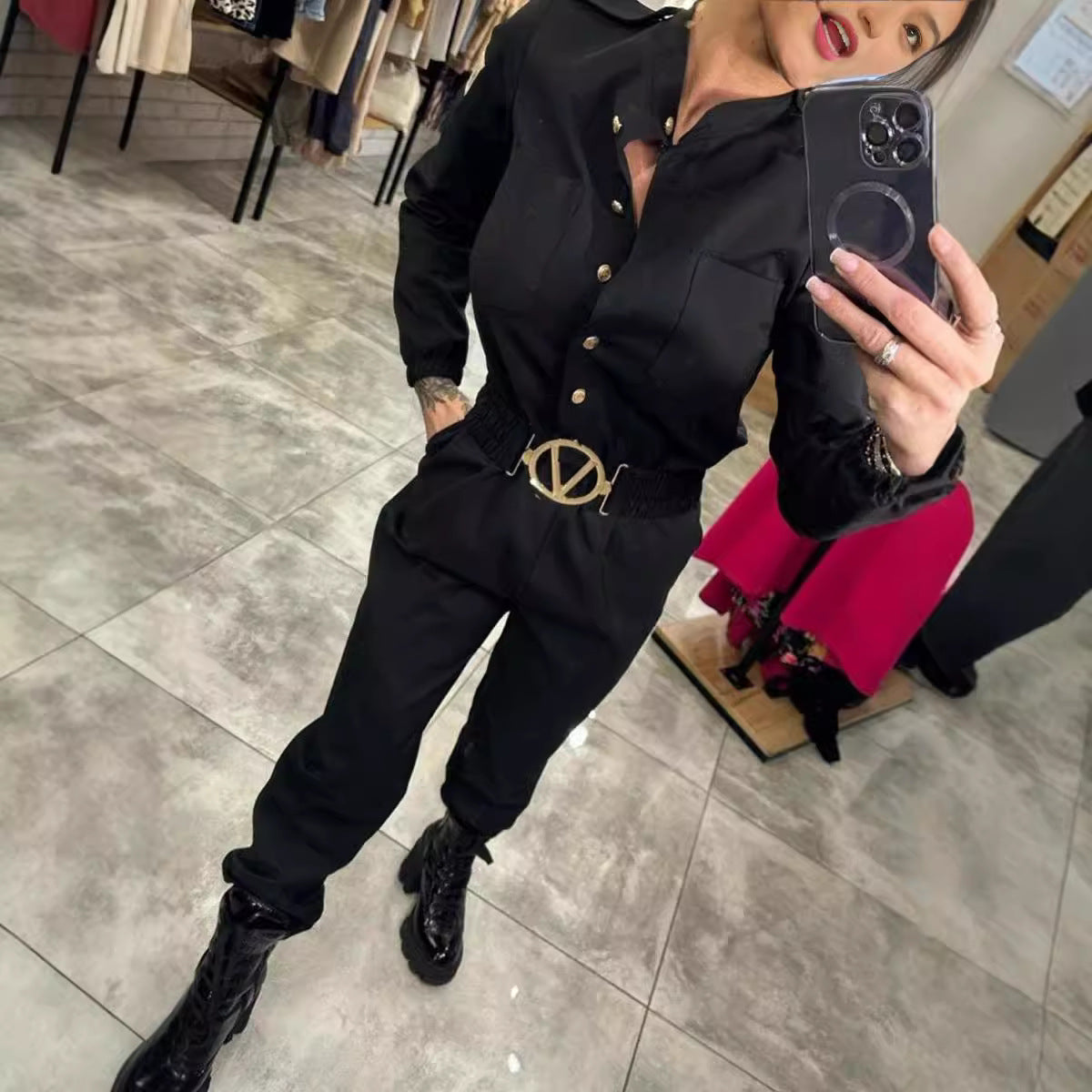 Women Fashion Casual Defined Waist Long Sleeve Shirt Jumpsuits